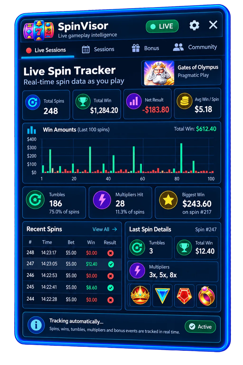 SpinVisor Live Spin Tracker showing paid spins, tumbles and spin history