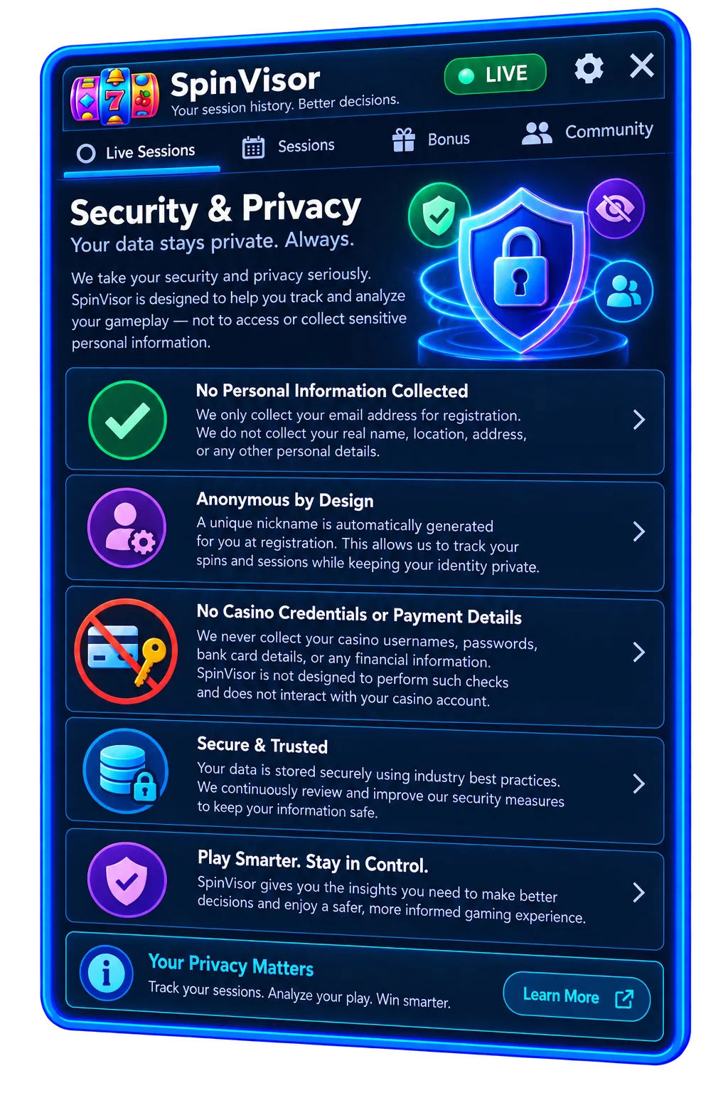SpinVisor Security and Privacy showing protected player and casino information