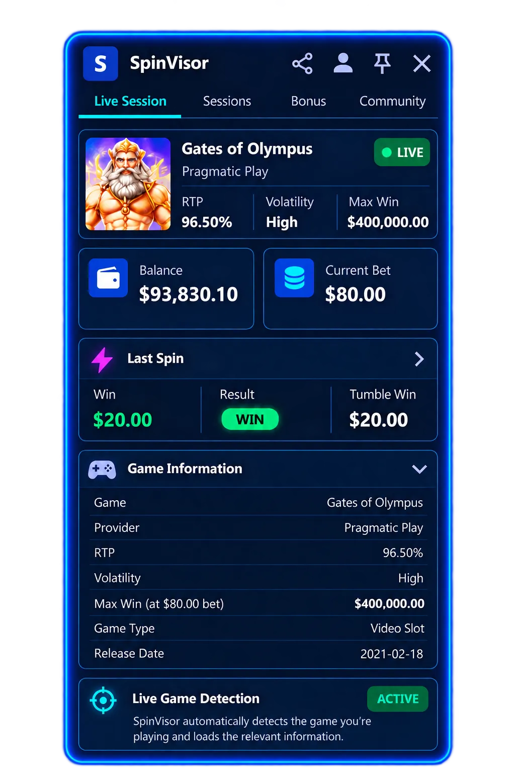 SpinVisor automatically detecting casino, provider, game, and bet size